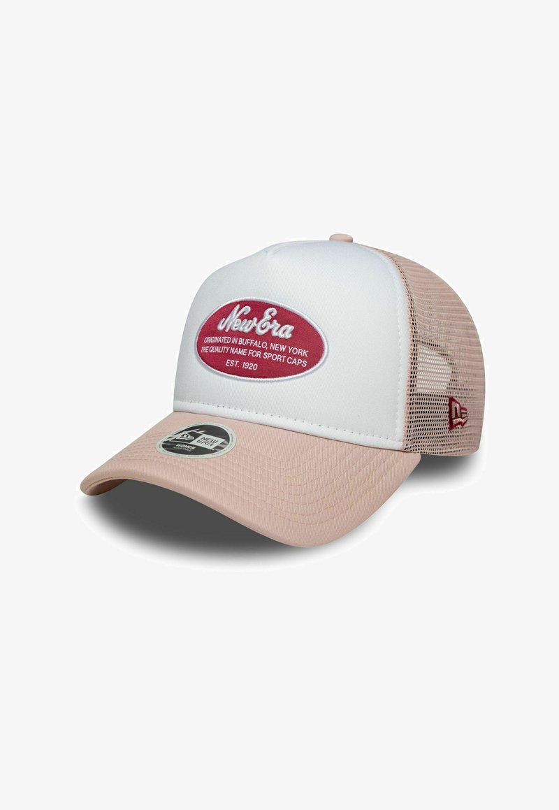 White and pink trucker cap with mesh back, curved visor, and red embroidered logo patch featuring text. Includes a brand tag on the side.