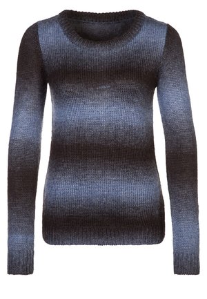 Pull en tricot à manches longues avec un col rond, présentant des rayures dégradées horizontales dans des tons de noir et de gris foncé.
