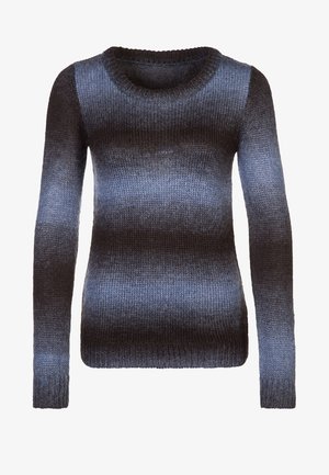 Pull en tricot à manches longues avec un col rond, présentant des rayures dégradées horizontales dans des tons de noir et de gris foncé.