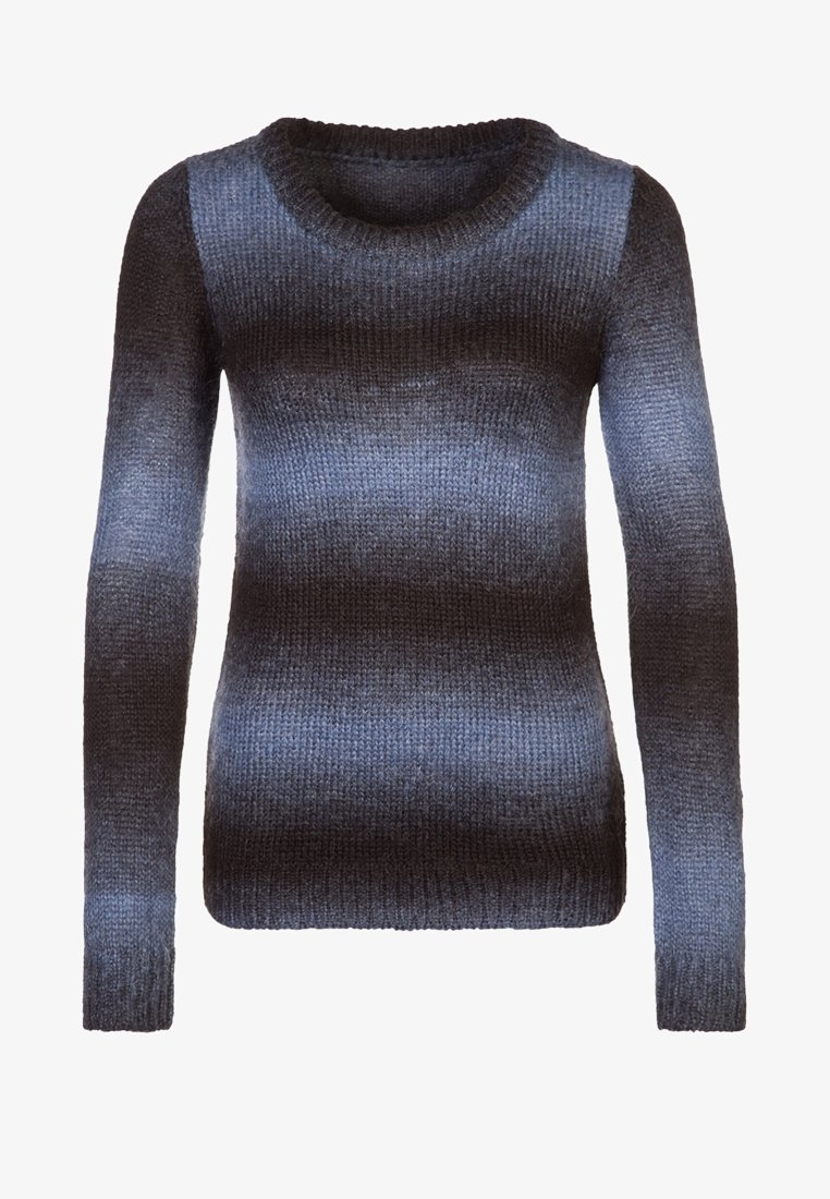 Pull en tricot à manches longues avec un col rond, présentant des rayures dégradées horizontales dans des tons de noir et de gris foncé.