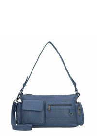 Borsa a tracolla in pelle blu con chiusura a zip, tasca con pattina anteriore e tracolla regolabile. Texture liscia e design minimalista.
