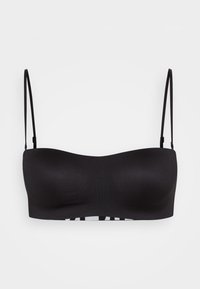 Black bandeau bra with adjustable straps, smooth texture, no padding, white accent band at the bottom featuring a graphic pattern.