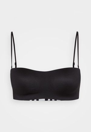 Svart bandeau-bh med justerbare stropper, glatt tekstur, uten polstring, hvit accentbånd på bunnen med et grafisk mønster.