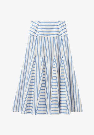 Una falda de línea A hasta la rodilla que presenta un fondo blanco con líneas verticales azules y amarillas, diseño plisado y una cinturilla ajustada.
