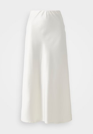White, ankle-length skirt made of smooth, shiny fabric with an elastic waistband and a flowing silhouette, featuring a simple, unadorned design.
