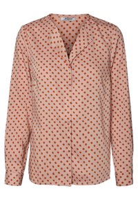 Blusa a maniche lunghe di un delicato rosa chiaro con grandi pois arancioni, dotata di collo a scollo a V e chiusura con bottoni. Tessuto dalla trama liscia.