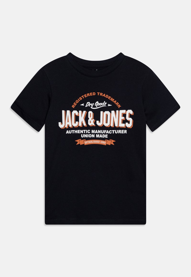 Melna kokvilnas T-kreklu ar grafiku, kurā attēlots "JACK & JONES" baltā un oranžā krāsā, apaļa apkakle un īsas piedurknes.