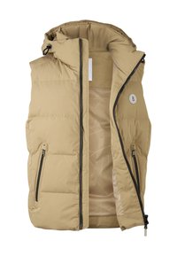 Beige quiltet puffer vest med hætte, åbnet for at afsløre et glat indvendigt foer. Har to lynlås-lommer på siderne og et logo-patch.