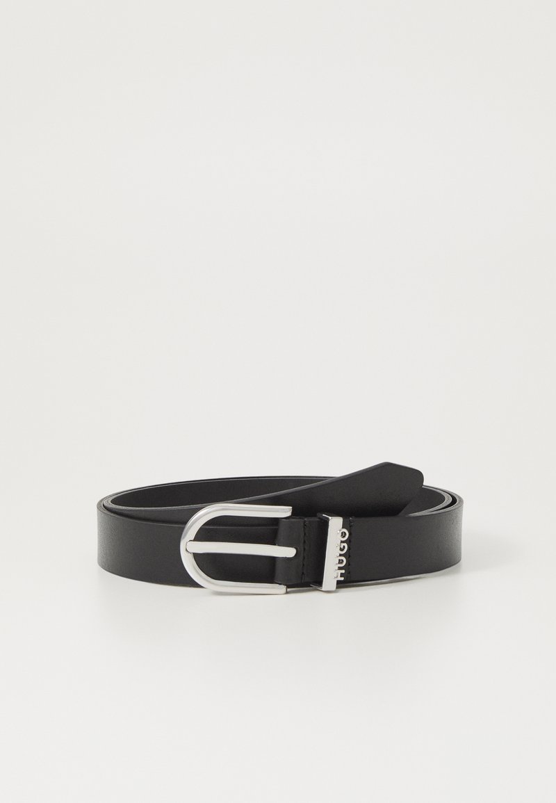 Black leather belt featuring a silver metal buckle and a smooth, flat design. Brand name is embossed near the buckle.