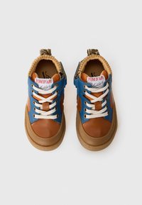 Baskets pour tout-petits marron et bleu avec des lacets blancs et un logo POM D'API sur la languette, vues de dessus sur un fond blanc.