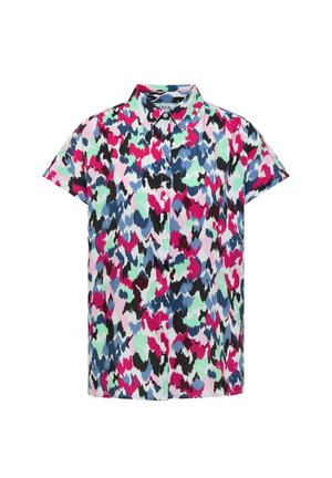 Chemise à manches courtes, boutonnée, avec col présentant un motif abstrait multicolore en rose, bleu, vert menthe, noir et blanc.