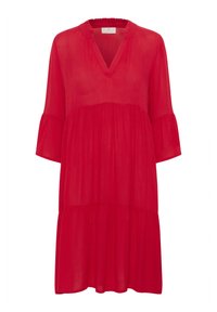 Robe rouge en tissu léger avec un décolleté en V, des manches mi-longues en forme de cloche et un design à volants pour une silhouette fluide.