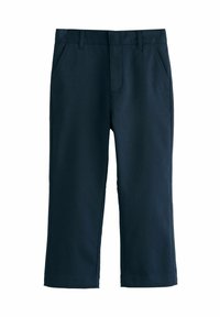 Marineblaue Hose aus glattem Stoff, mit zwei sidenlosen Taschen, geradem Schnitt und einem sicheren Bund mit Gürtelschlaufen.