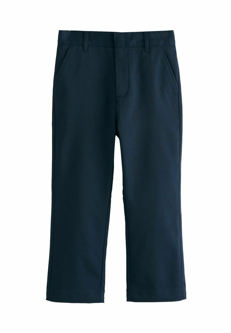 Marineblaue Hose aus glattem Stoff, mit zwei sidenlosen Taschen, geradem Schnitt und einem sicheren Bund mit Gürtelschlaufen.