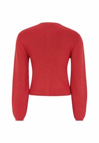 Punainen ribbivillapaita pitkillä hihoilla, lyhyt malli, sileä rakenne ja pyöreä pääntie, jossa on tiukka siluetti ja minimaalinen yksityiskohtaisuus.