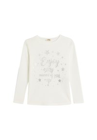 Lange ærmet hvid bomulds T-shirt med sølvglitrende tekst og stjernedekorationer. Klassisk rund halsudskæring med lige kant.