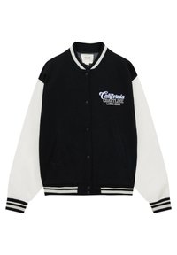 Black and white varsity jacket featuring a ribbed collar, button closure, two side pockets, and "California Coastline" logo in blue.