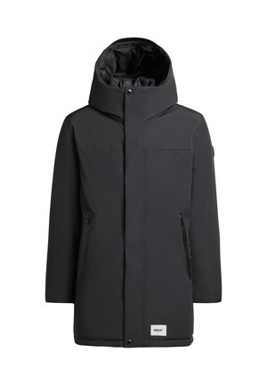 Black hooded jacket with a front zip, textured nylon fabric, two side pockets, and a logo label at the hem. Straight cut design.