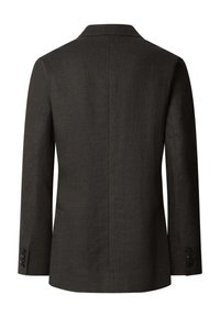 Dunkelbraunes, langärmliges Blazer mit geknöpften Manschetten, Mittelrückennaht und Reverskragen, von hinten vor weißem Hintergrund gezeigt.