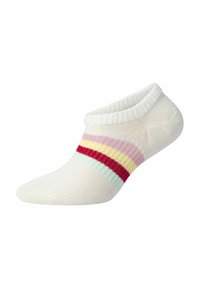 Calzino bianco alla caviglia con bordo a coste e quattro strisce orizzontali in rosso, rosa, giallo e verde menta. Realizzato in un materiale morbido ed elastico.