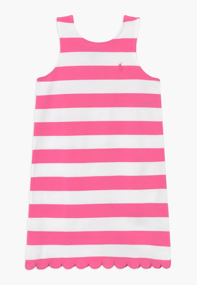 Vestito senza maniche con righe orizzontali rosa e bianche, in cotone, orlo scallopato, piccolo logo sul petto, design casual.