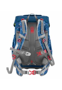 Blue backpack with red accents, padded gray back, adjustable straps, and geometric patterns. Features quick-release buckles and a top handle.