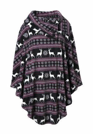 Poncho nero e viola con motivi di renne bianche e fiocchi di neve, dotato di un collo a scollo a cappuccio con bottoni.