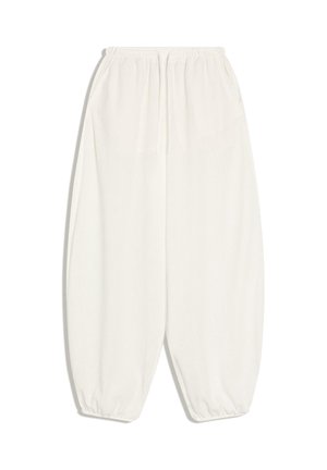 Witte, losvallende broek met een elastische tailleband en boorden bij de enkels. Gemaakt van een lichtgewicht, gestructureerde stof.