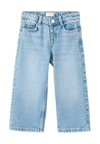 Svetlo modre široke kavbojke iz jeansa z visokim pasom, petimi žepi in zapiranjem na gumb. Z grobo teksturo in ravnim silhuetom.