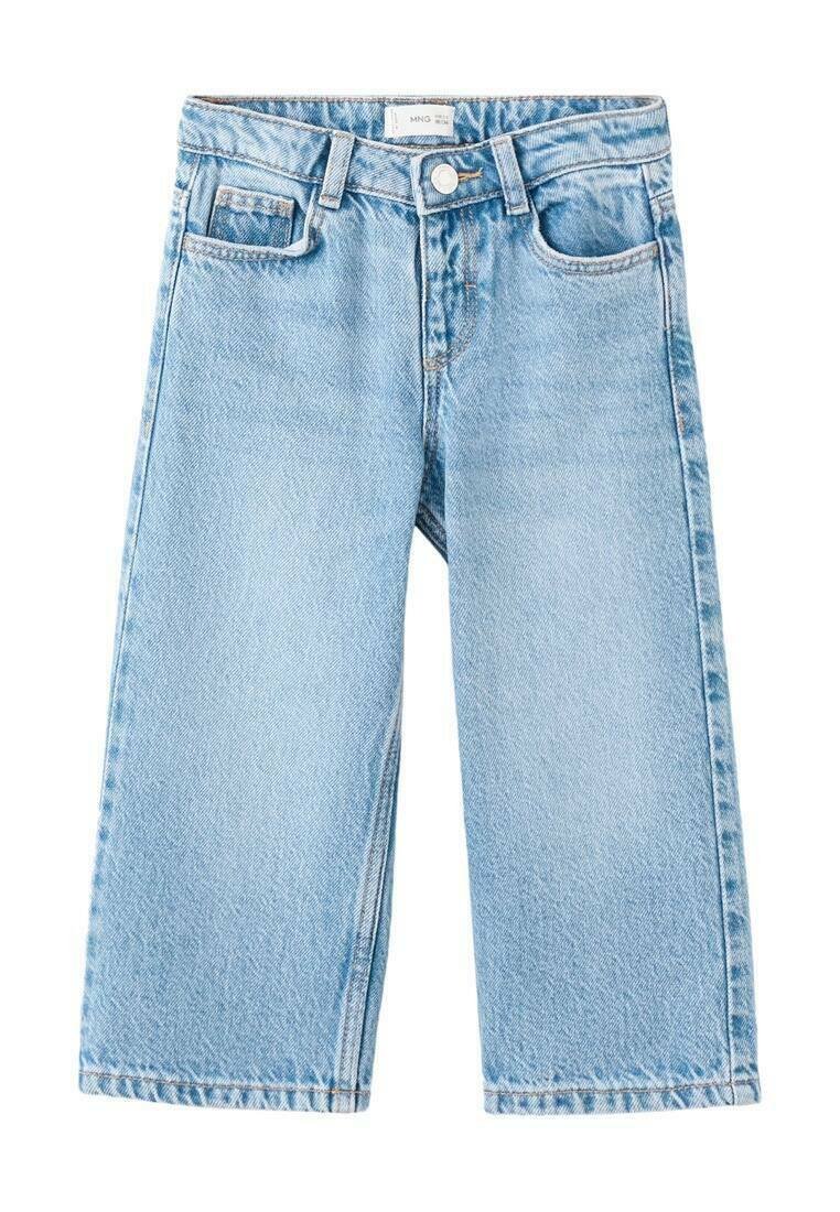 Svetlo modre široke kavbojke iz jeansa z visokim pasom, petimi žepi in zapiranjem na gumb. Z grobo teksturo in ravnim silhuetom.