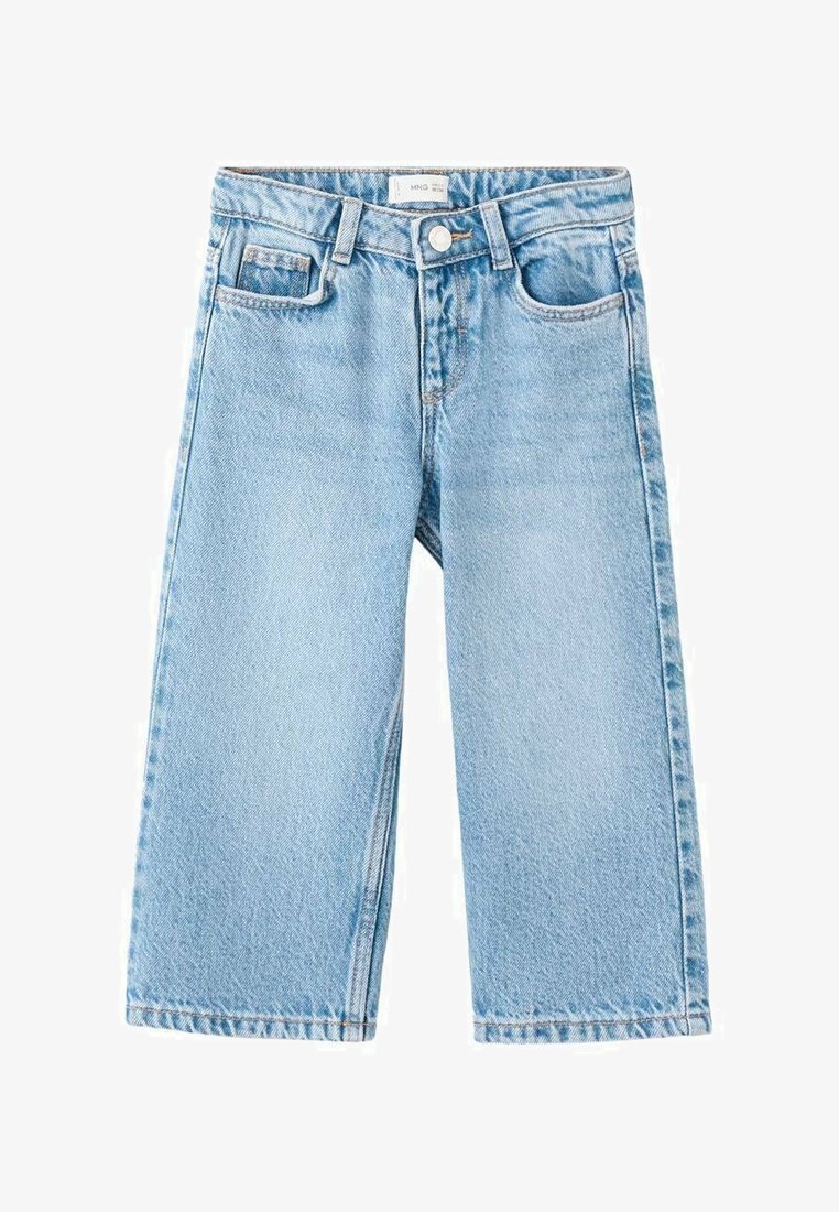 Svetlo modre široke kavbojke iz jeansa z visokim pasom, petimi žepi in zapiranjem na gumb. Z grobo teksturo in ravnim silhuetom.