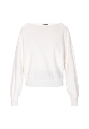 Pulover alb cu croi lejer, guler larg și mâneci lungi. Material tricotat cu tiv și manșete ribbate. Textură moale.