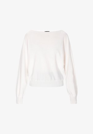 Pulover alb cu croi lejer, guler larg și mâneci lungi. Material tricotat cu tiv și manșete ribbate. Textură moale.