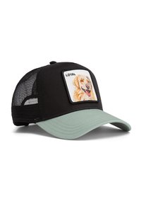 Schwarz-graue Truckerkappe mit Netzrückseite, vorne mit einem Aufnäher eines lächelnden Golden Retrievers und dem Wort "LOYAL" darüber.