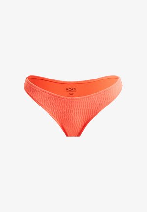 Oranje bikinionder met textuurstof, V-vormig ontwerp en naadloze randen, met een label aan de binnenkant met merk- en maatgegevens.