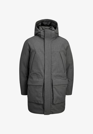 Grauer isolierter Parka mit hohem Kragen und Kapuze. Verfügt über einen Frontreißverschluss, zwei große Taschen und eine gerade Silhouette mit strukturierter Oberfläche.