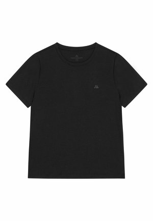 T-shirt noir uni à manches courtes et col rond avec un petit logo discret sur la poitrine gauche, présenté sur fond blanc.