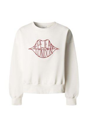 Felpa bianca con design di labbra ricamate rosse e testo "PEPE JEANS LONDON" al centro. Presenta una scollatura rotonda e maniche a sbuffo.