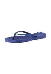 Infradito viola con suola testurizzata e cinturini blu lisci e lucidi. La suola è intrecciata con un bordo ondulato, presentando un design confortevole.