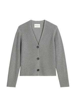 Gray ribbed cardigan, made of soft knit material, featuring a V-neck, long sleeves, and three black buttons down the front.