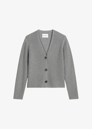 Gray ribbed cardigan, made of soft knit material, featuring a V-neck, long sleeves, and three black buttons down the front.