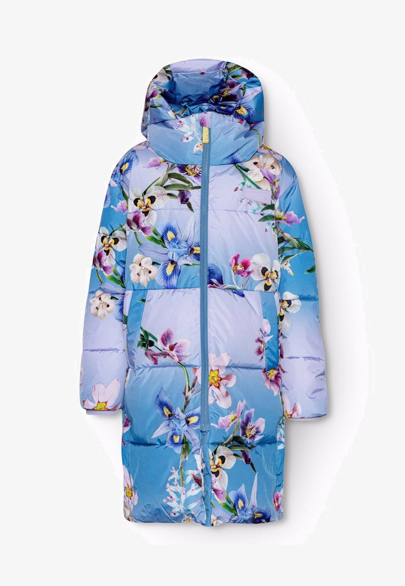 Manteau long matelassé bleu avec capuche, orné d'un imprimé floral multicolore et fermeture éclair à l'avant.
