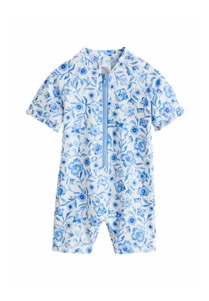Blauer, mit floralen Mustern gestalteter kurzärmeliger Jumpsuit aus leichtem Stoff, mit einem Reißverschluss vorne und Rüschen an den Ärmeln.