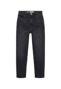 Jeans de mezclilla negros de cintura alta con un diseño de pierna recta. Cuenta con cinco bolsillos, cierre de botón delantero y una textura suave.
