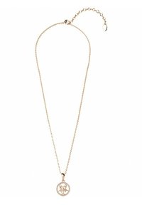 Collana in oro rosa con un pendente circolare caratterizzato da un dettaglio intagliato, circondato da piccole pietre trasparenti. Lunghezza della catena regolabile.