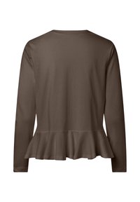 Brun langermet topp med peplumkant, laget av mykt materiale, med rund hals og glatt tekstur uten ekstra detaljer.