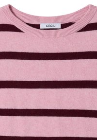 Pull en maille rose avec des rayures horizontales rouge foncé et un col rond, avec une étiquette blanche portant le nom de la marque "CECIL."