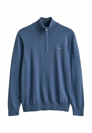 Blue long-sleeve sweater with half-zip collar and small embroidered logo on the chest, ribbed cuffs and hem.