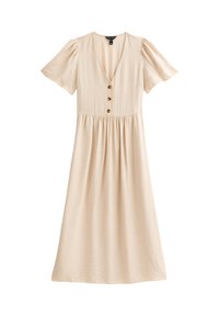 Beige, korte mouwen jurk met een V-hals, knopen aan de voorkant en een gathered taille. Gemaakt van lichte stof met een subtiele textuur.
