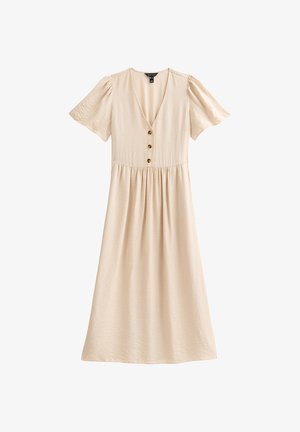 Beige klänning med korta ärmar, V-ringning, knäppning fram och sm gathered midja. Tillverkad av lätt tyg med en subtil textur.